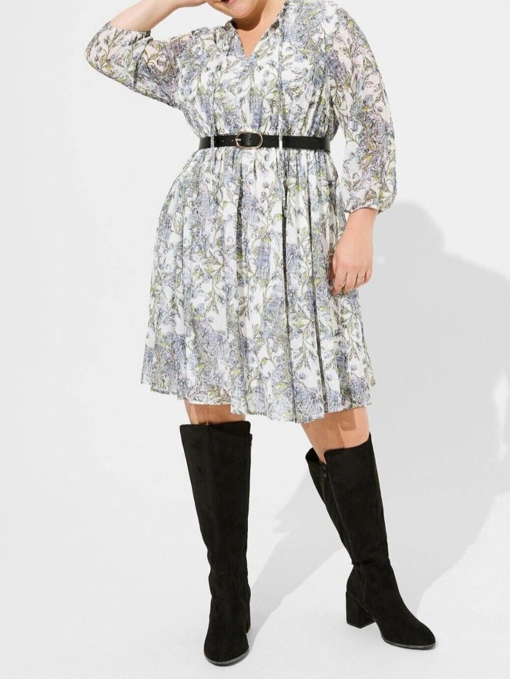 torrid Floral Pleated Midi Dress in White, Green and Purple